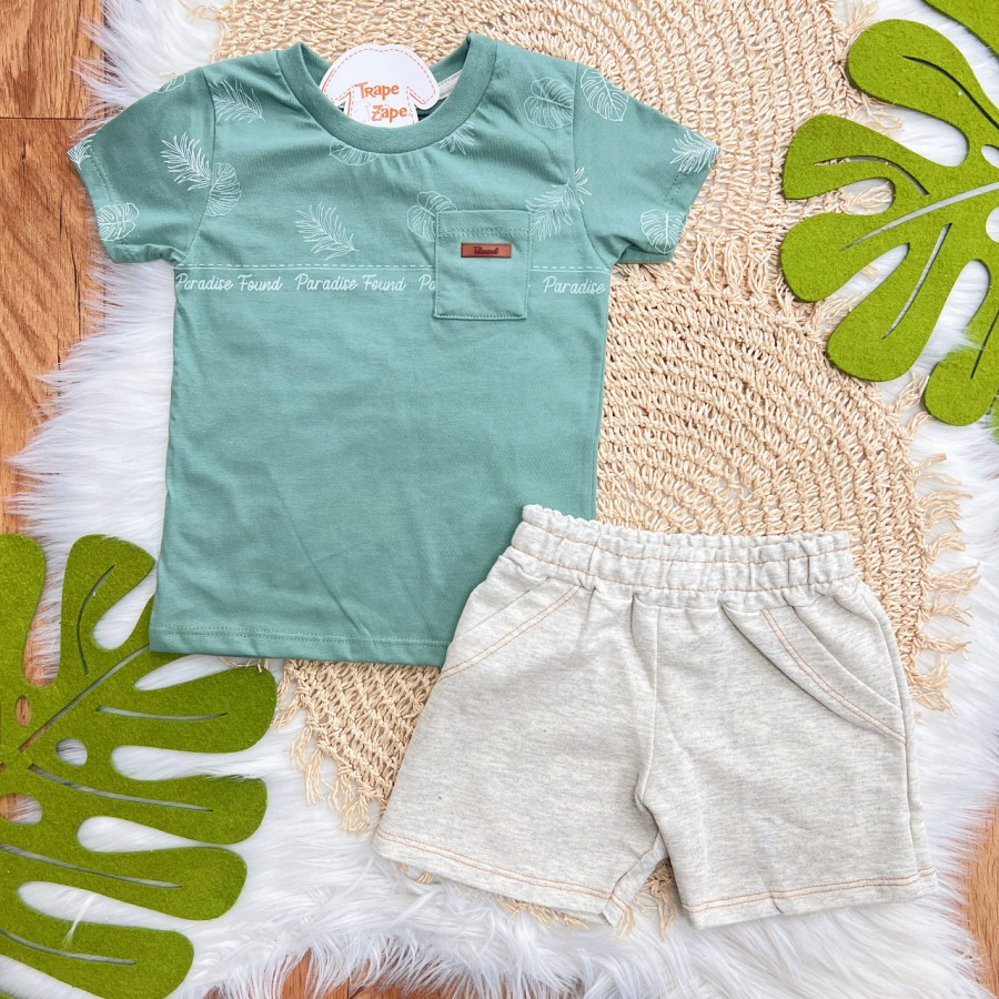 Conj. Camiseta Paradise Found e Bermuda em Moletinho - Verde e Mescla